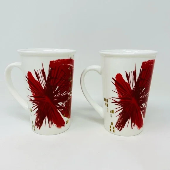 Starbucks Christmas Coffee Mugs Set Of 2 Red Gold Starburst Tall 12oz Holiday - Picture 4 of 8